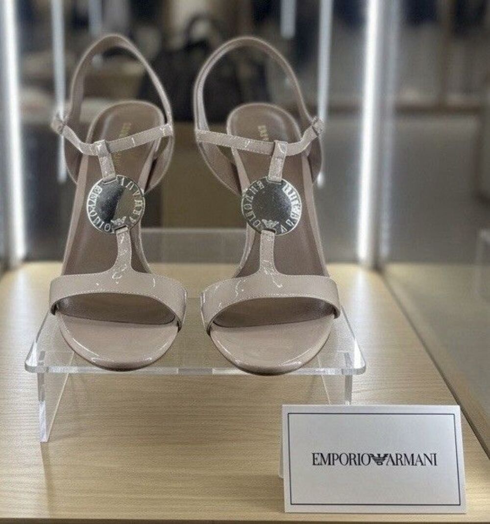 Emporio Armani T-Strap Sz 41 EU 10 US Nude Silver Medallion Heels Worn Once